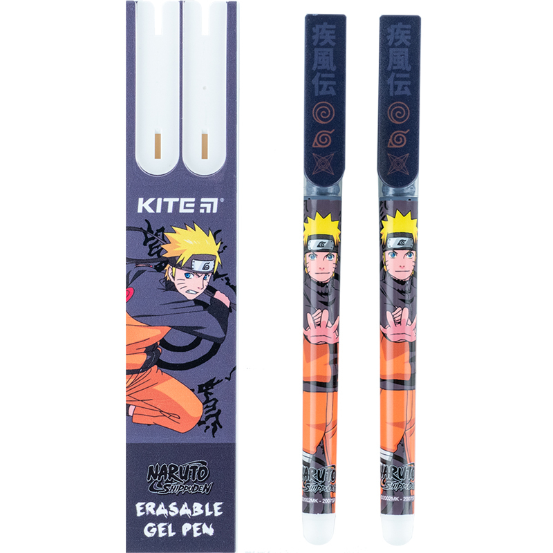 Ручка гелева Kite пиши-стирай 2шт у пеналі синя 0,5мм. Naruto 24-069