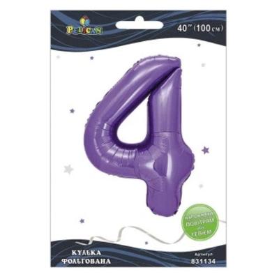 Кулька фольгована цифра 4. 100см. лавандова. Pelikan 831134