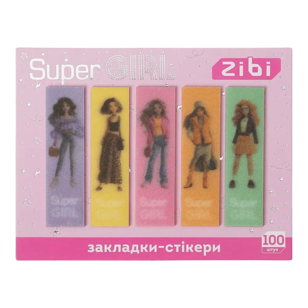 Закладки пластикові з клейким шаром 55*15мм, 5*20арк. Super Gir. Zibi 15350