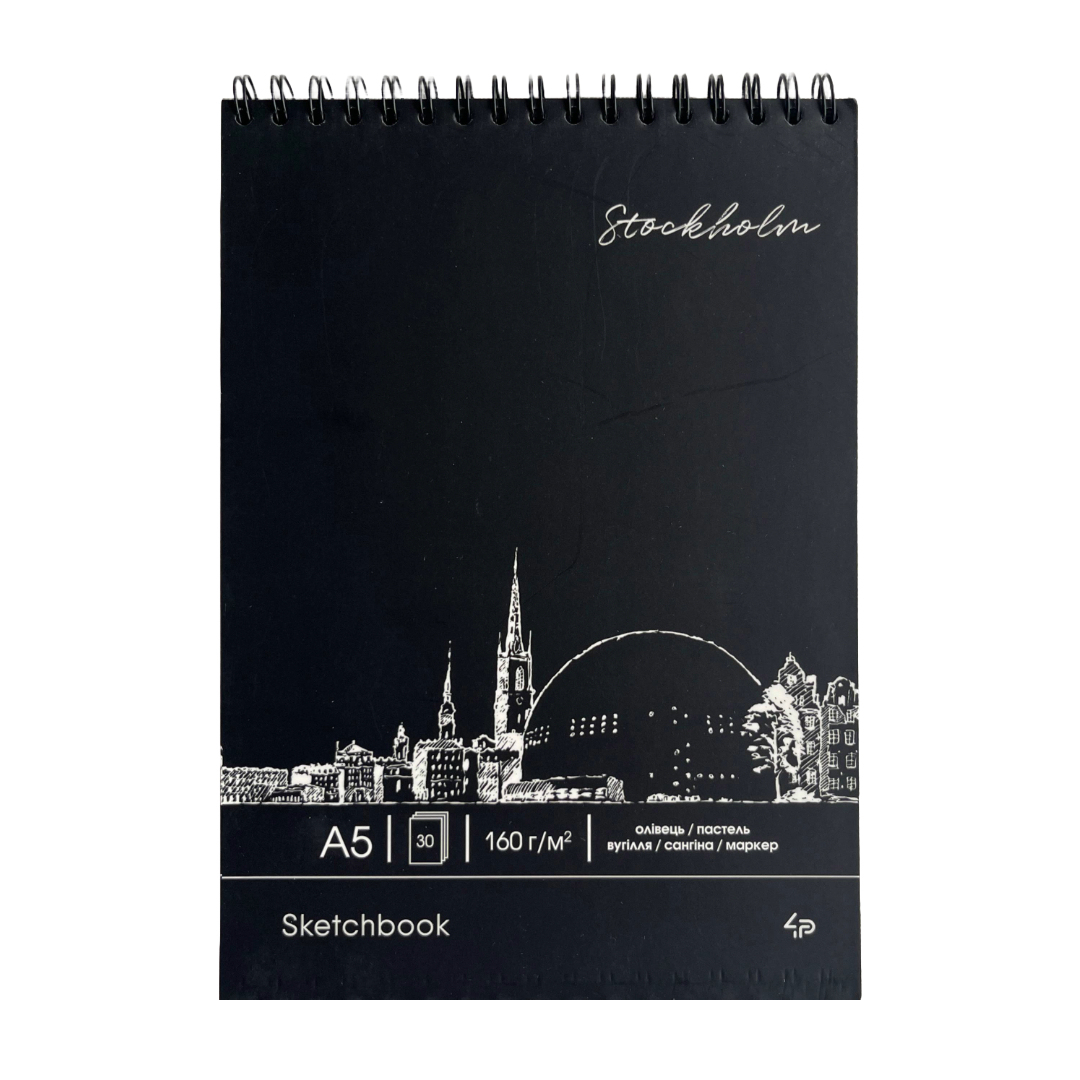 Блокнот-скетчбук А5 160арк. пружина, чорний блок. Black sketch book. Stockholm. 4Profi. 903214