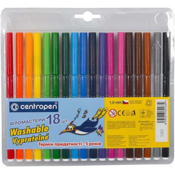 Фломастери 18кол. Centropen Пінгвіни 1мм.600м. Водорозчинні. Чехія 7790