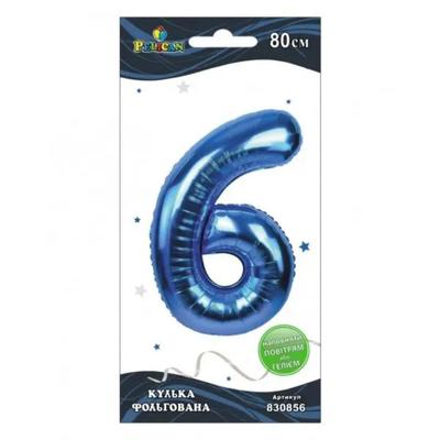 Кулька фольгована цифра 6. 80 см. синя. Пелікан. 830856