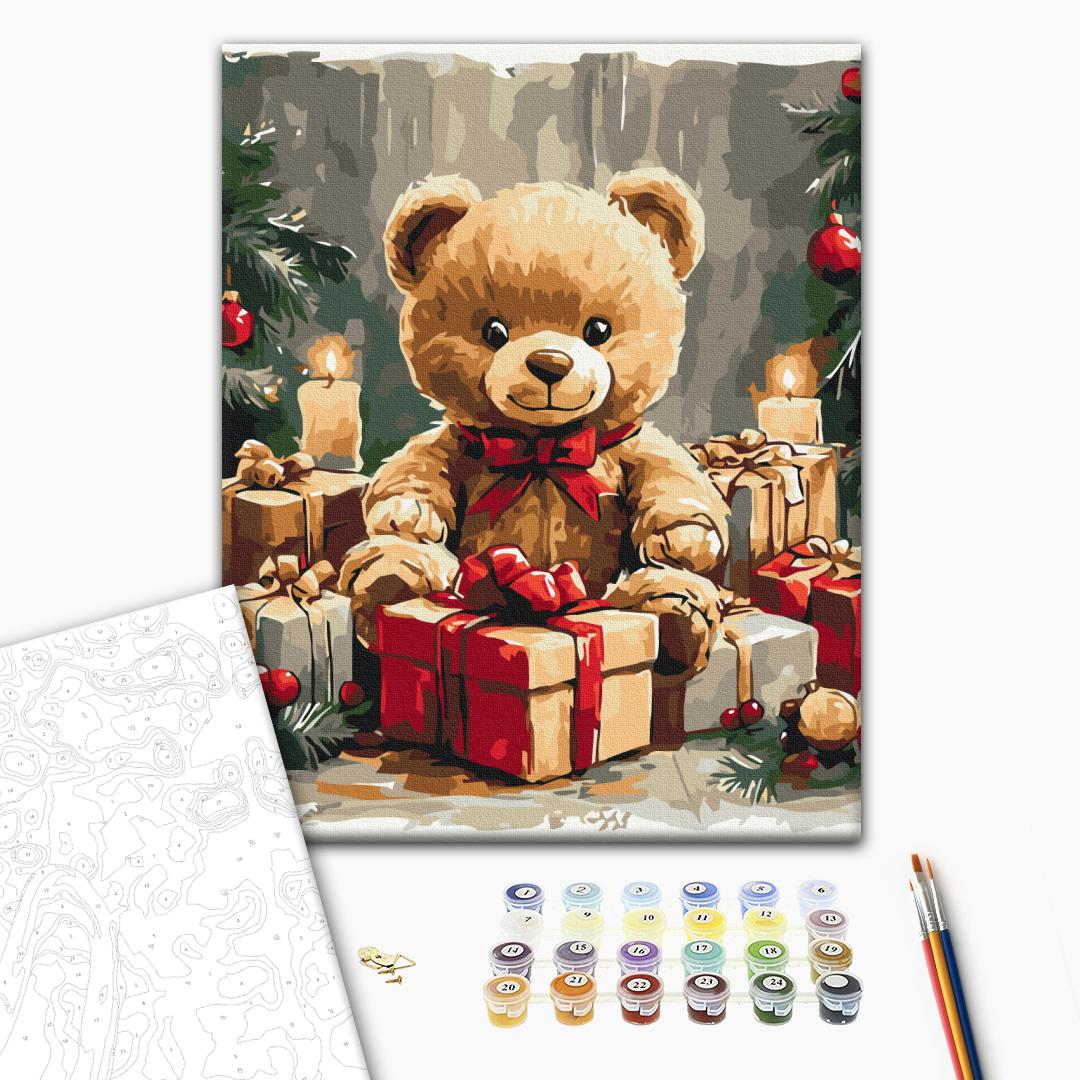 РОЗПРОДАЖ. Картина по номерах. Подарунковий ведмедик 40*40 см. BrushMe. 029