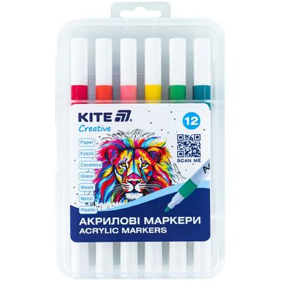 Маркери акрилові 12 кол. односторонні у пластиковому боксі. Kite Creative 1156