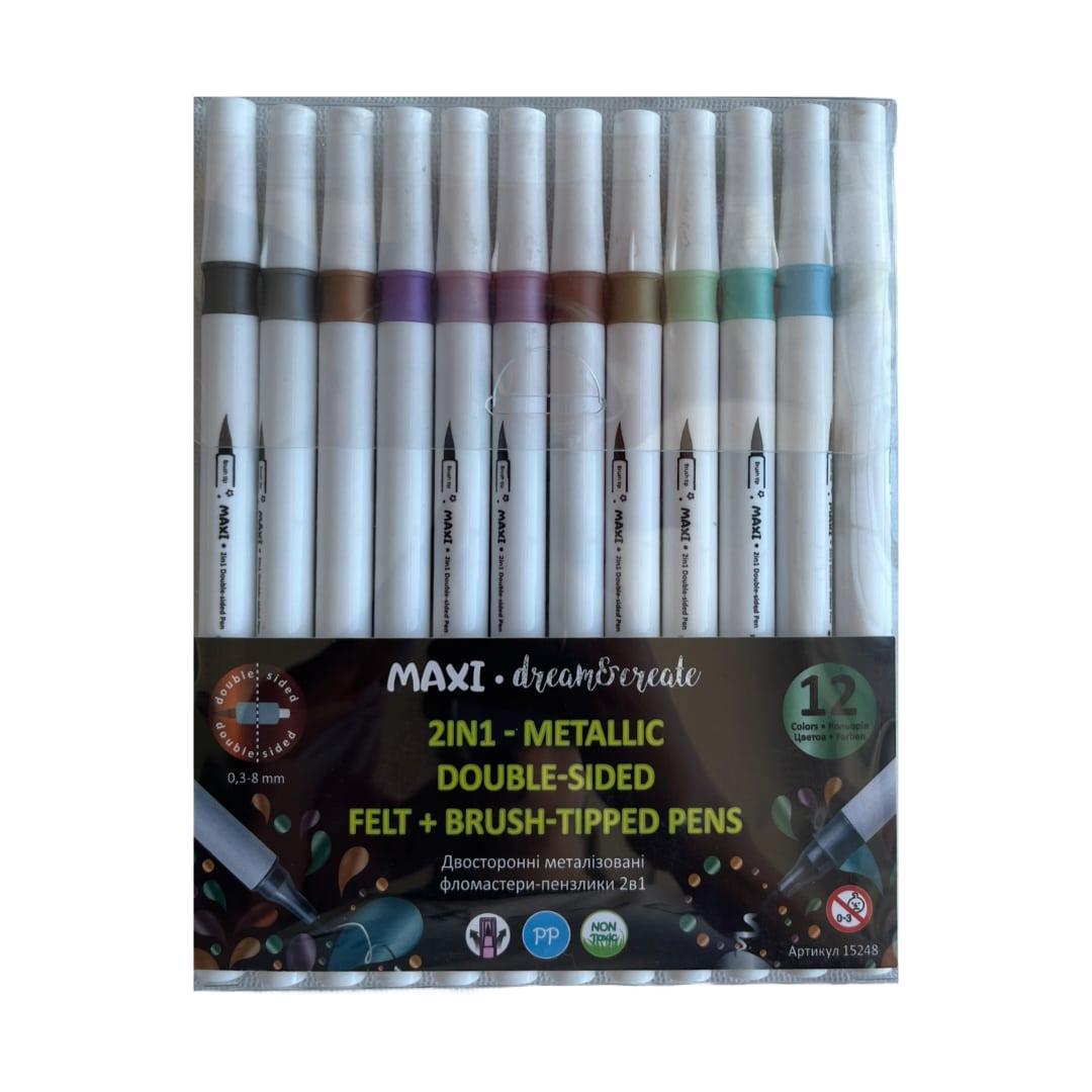 Маркери металік двосторонні felt+ brush 0,3-8мм 12 кольорів. MAXI   15248
