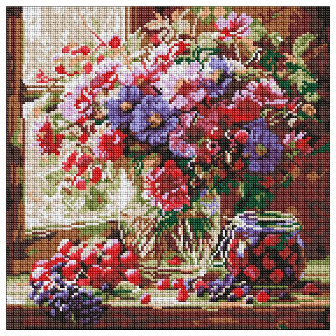 Діамантова мозаїка 40*40см. Букет і фрукти. Ідейка 8314