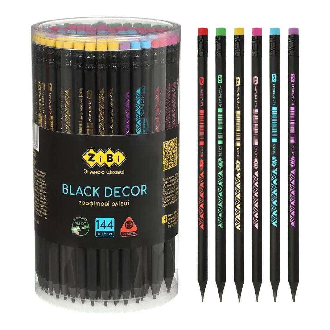 Олівець графітовий НВ. BLACK DECOR. пластиковий з гумкою ZIBI 2321