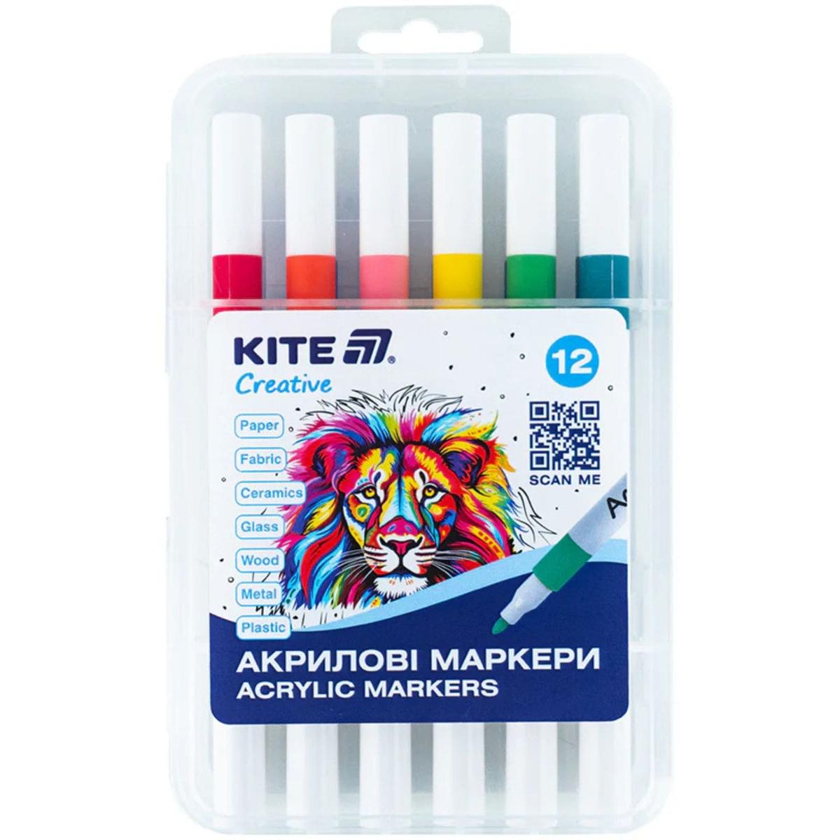 Маркери акрилові 12 кол. односторонні у пластиковому боксі. Kite Creative 1156