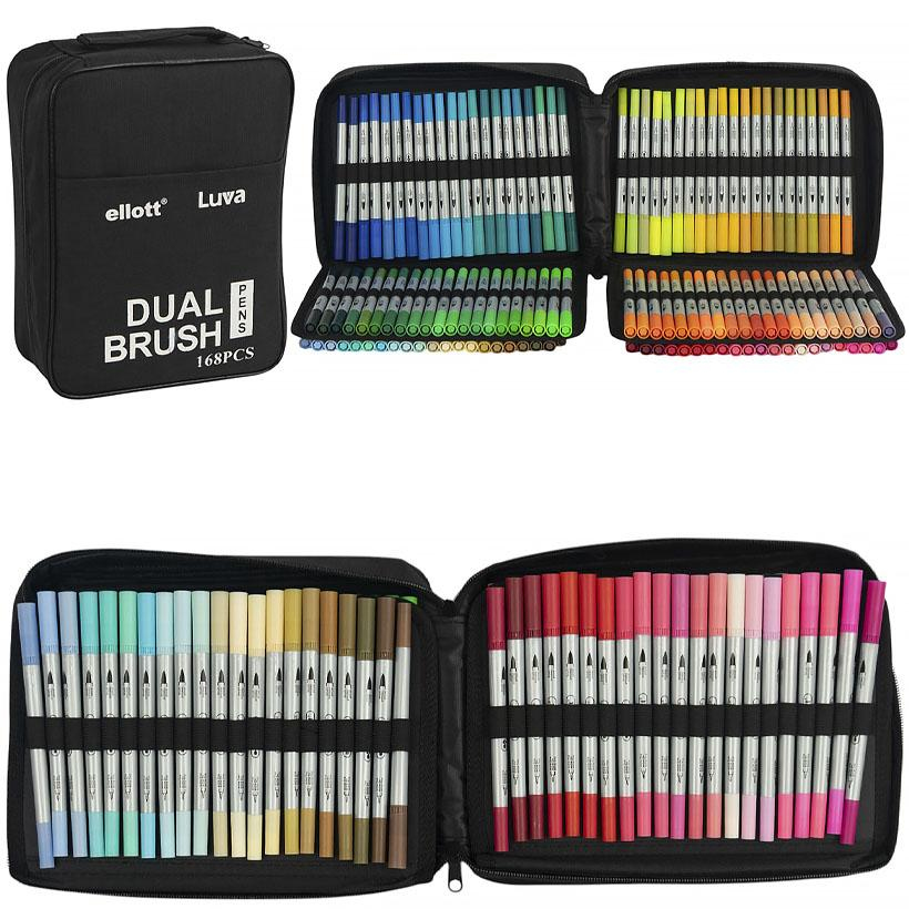 Скетч-маркери двосторонні Dual Brush pens 168шт. лінер-браш у текстильному пеналі-книжці 9698