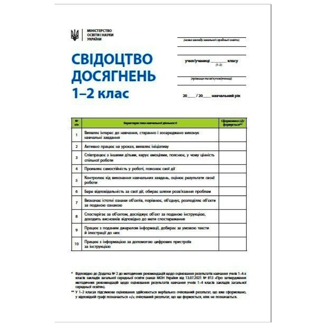 Свідоцтво досягнень 1-2кл.  Ранок. 7275