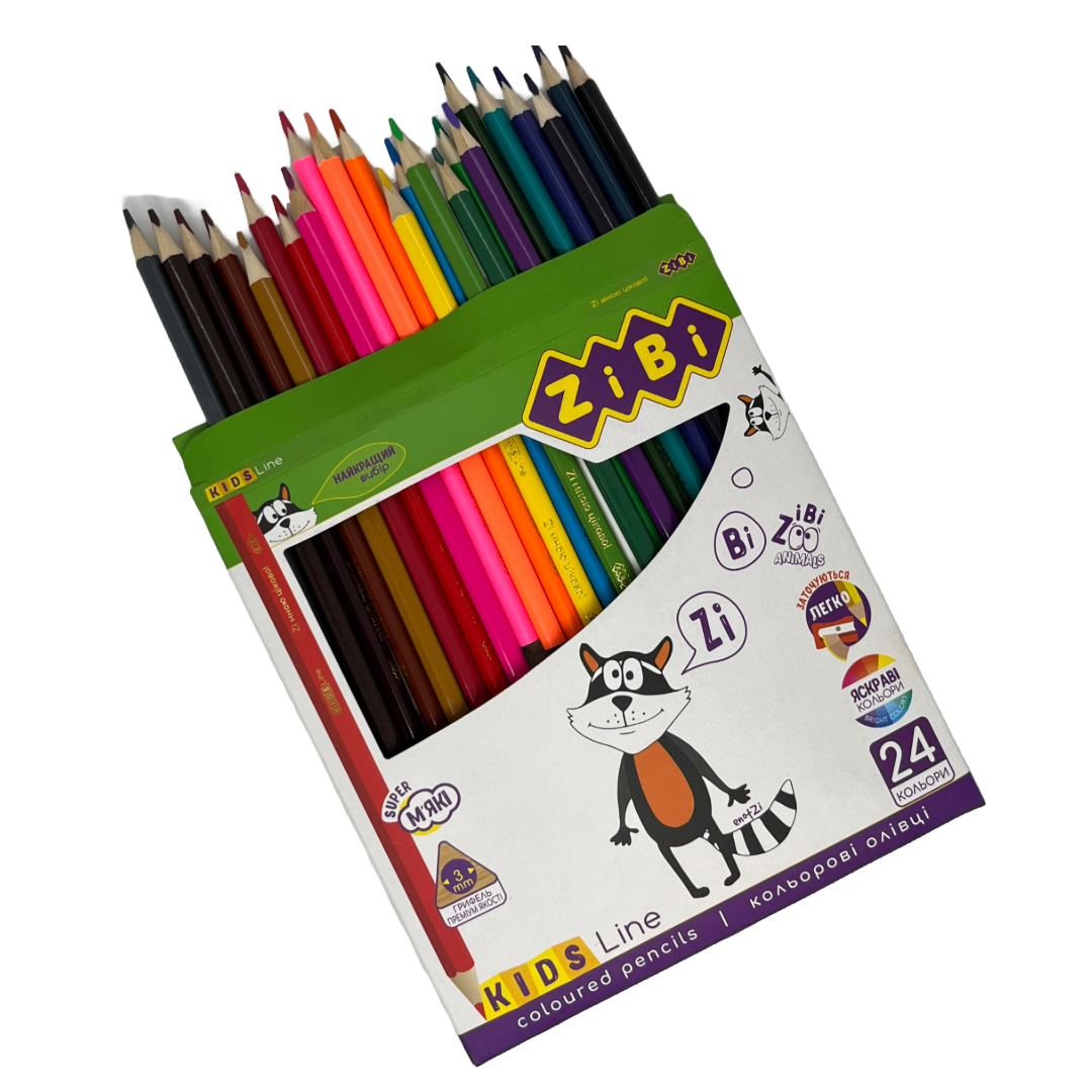 Олівці кольорові. 24кол. KIDS Line. дуже мякі і яскраві. ZIBI 2416