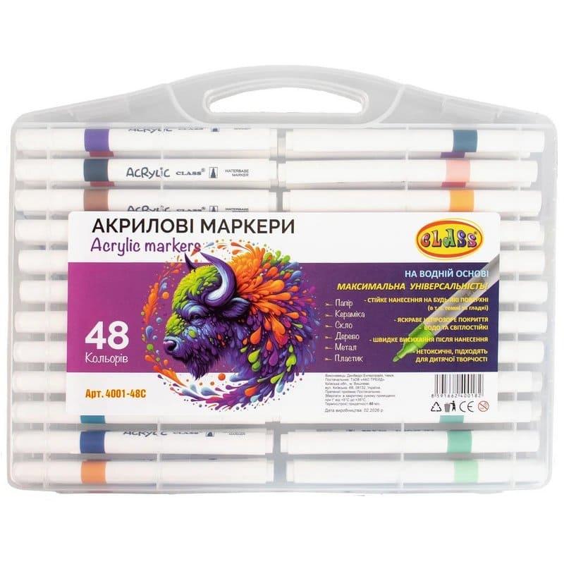 Маркери акрилові 48 кол. односторонні у пластиковому боксі. Glass 4001-48