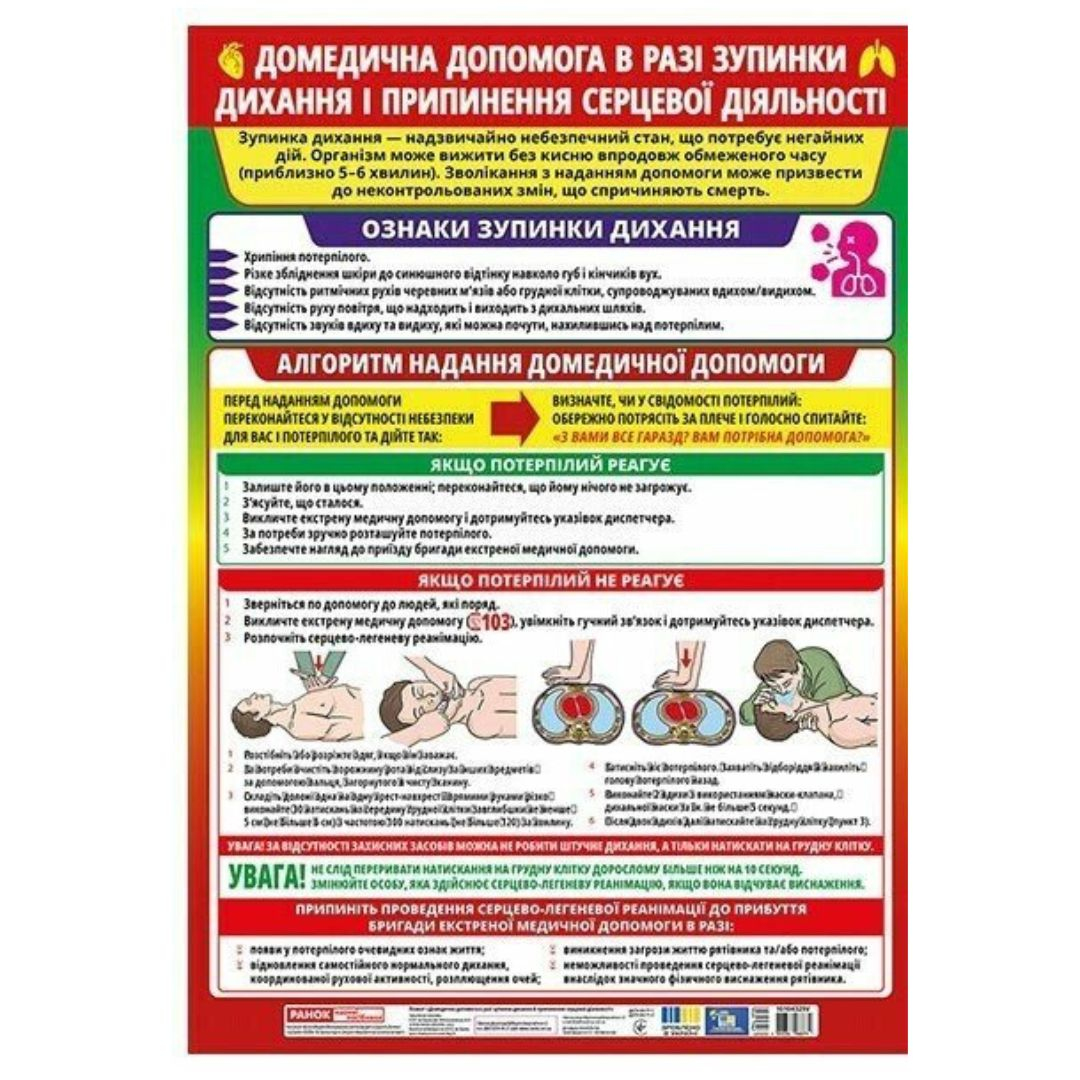 Плакат. Домедична допомога в разі зупинення дихання і припинення серцевої діяльності. Ранок 10104329