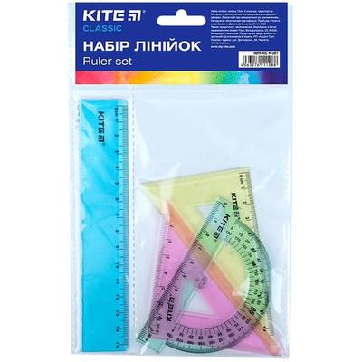 Набір лінійок 4 шт класична, 2 косинці, транспортир. KITE K-281