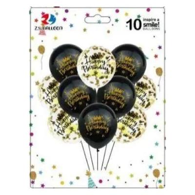 Набір кульок 10шт. Happy Birthday чорно-золоті. МТ 1212-10-3