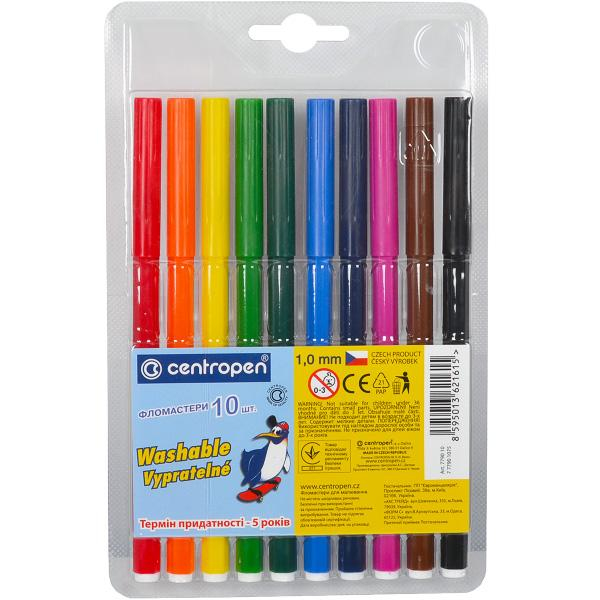Фломастери 10кол. Centropen Пінгвіни 1мм.600м. Водорозчинні. Чехія 7790