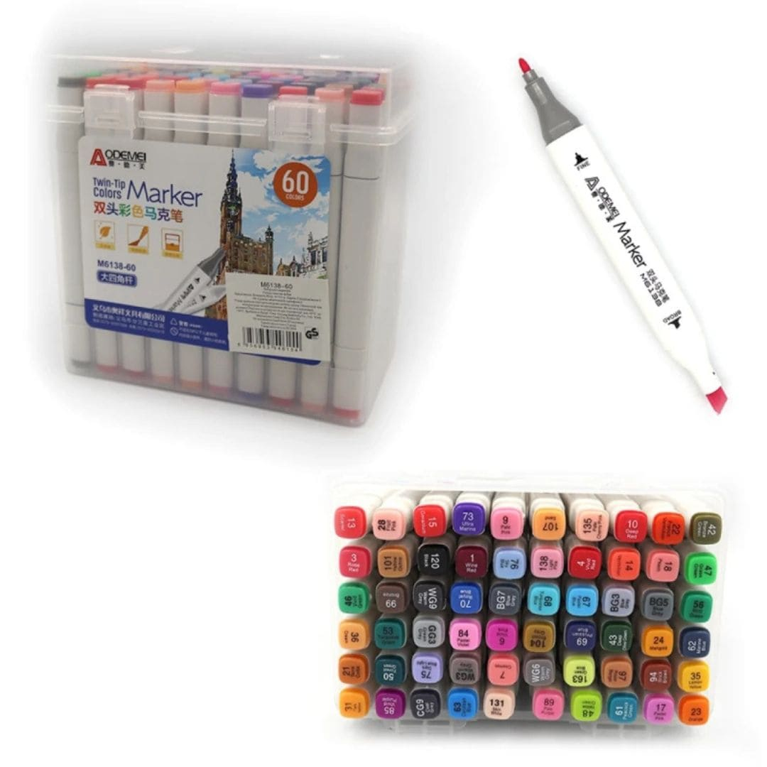 Набір скетчмаркерів двосторонніх 60шт. у пластиковому боксі. Aodemei 6138-60