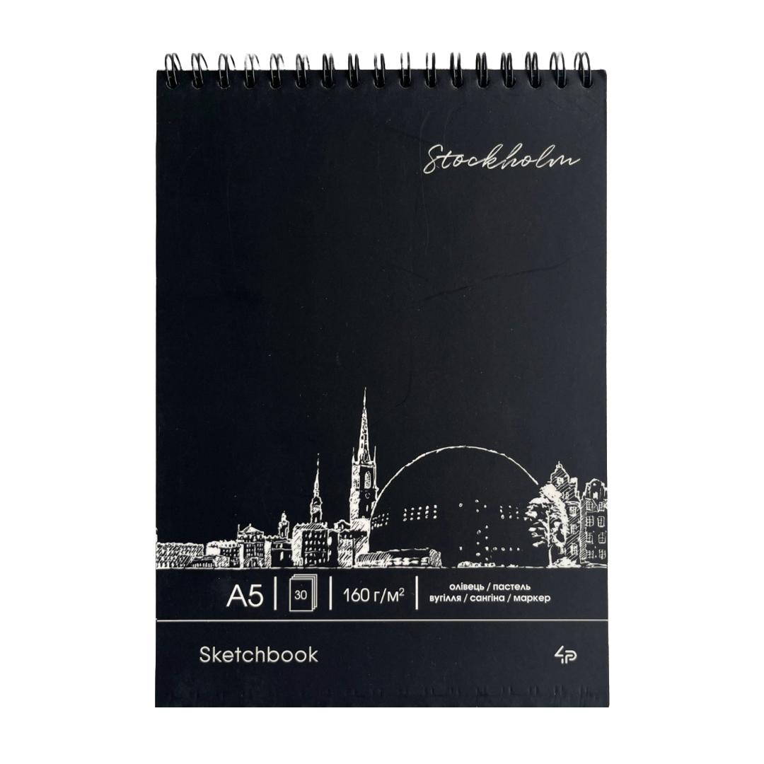 Блокнот-скетчбук А5 160арк. пружина, чорний блок. Black sketch book. Stockholm. 4Profi. 903214