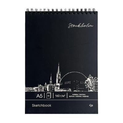 Блокнот-скетчбук А5 160арк. пружина, чорний блок. Black sketch book. Stockholm. 4Profi. 903214