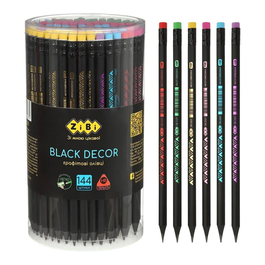 Олівець графітовий НВ. BLACK DECOR. пластиковий з гумкою ZIBI 2321