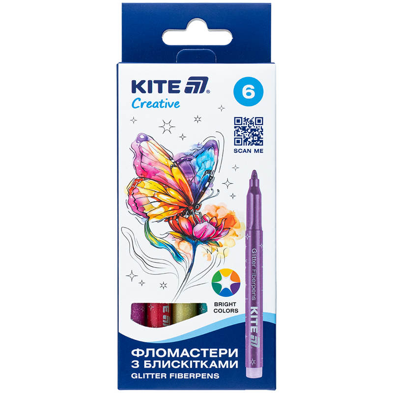Набір фломастерів 6шт. З блискітками. Яскраві. Creative KITE. 1147